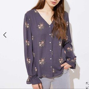 LOFT Bouquet Blouse Bell Cuff Button Front Medium